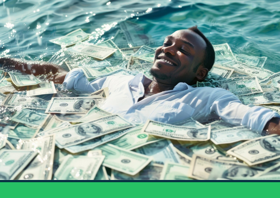 Man swimming in money